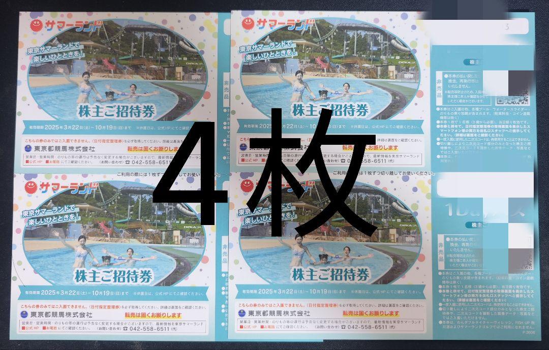 夏季利用可　サマーランド　１デイパス　株主ご招待券　4枚