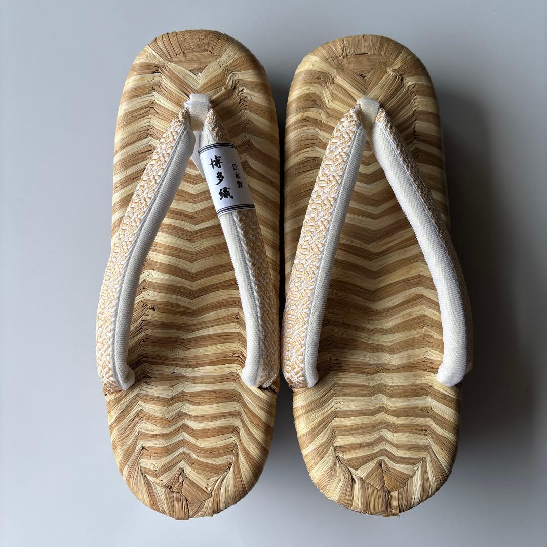 ZG264縞表(畳表)の桐下駄舟形　 博多織の鼻緒　新品　未使用　サイズＬ