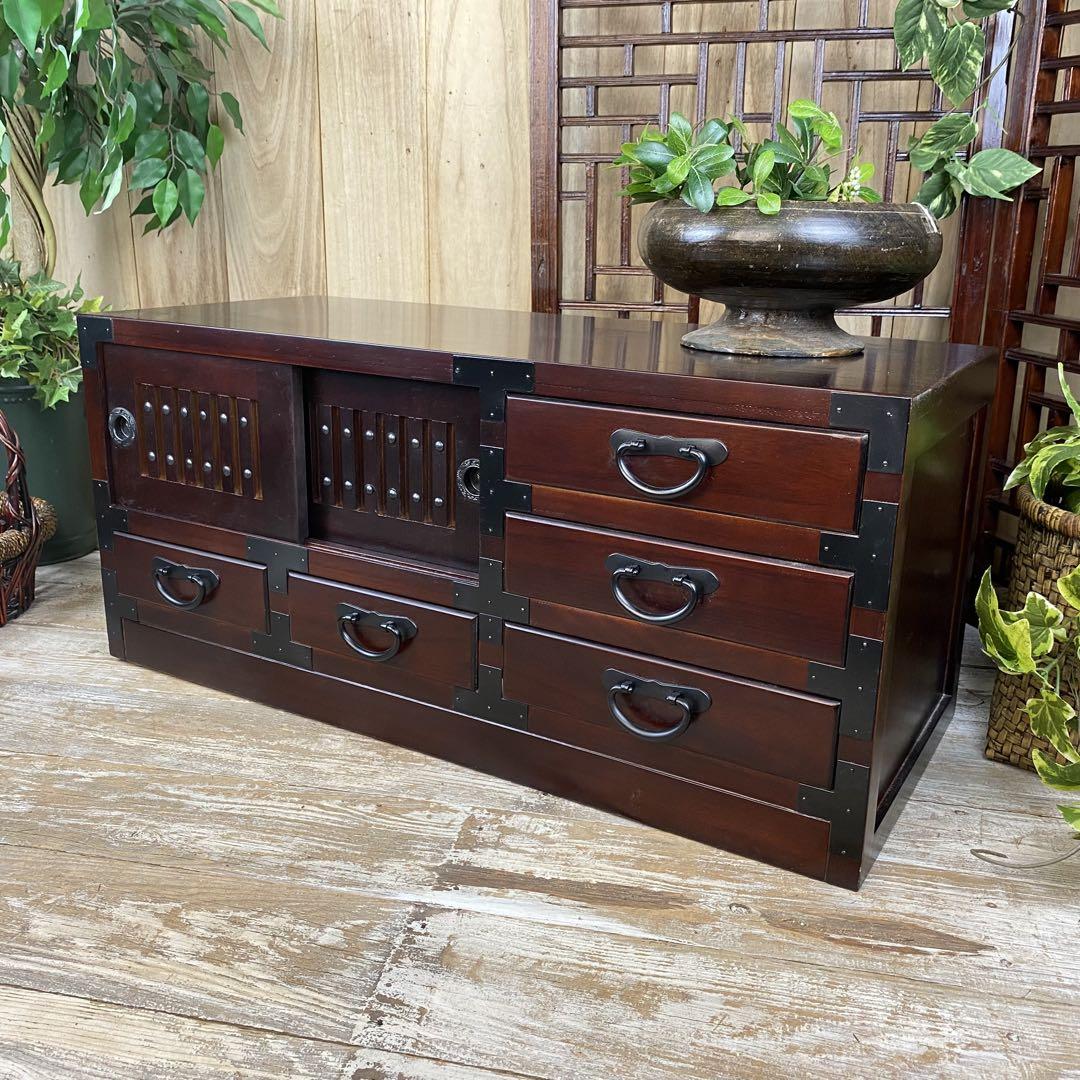 訳あり品!【66】民芸家具和ガラス戸付きテレビ台木製収納家具タンスチェスト箪笥 民芸家具桐材天然無垢和引き戸付きチェストテレビ台飾り棚収納和