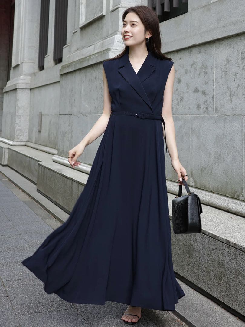 【美品】anuans ダブルサテンテーラードフレアワンピース