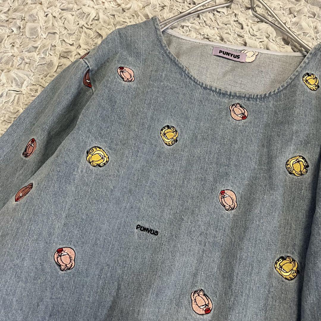 希少【PUNYUS×ガーフィールド】美品フリンジデニムワンピース 刺繍 プニュズ