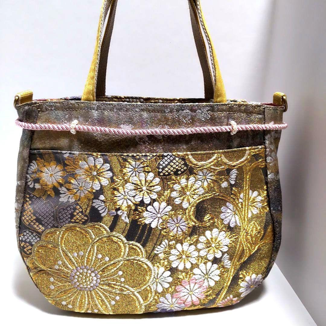 帯　花柄　金銀　グレー　バッグ　リメイク　ハンドメイド