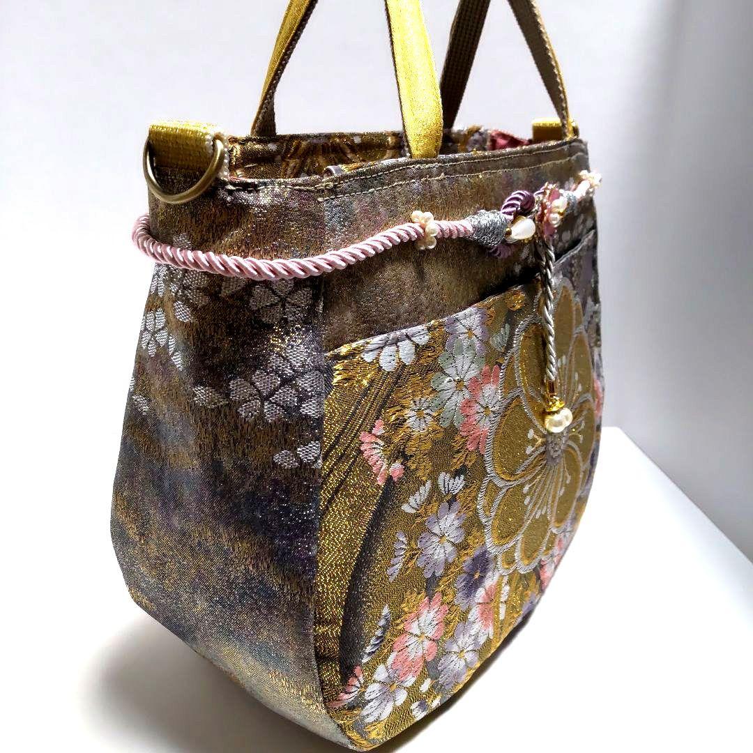帯　花柄　金銀　グレー　バッグ　リメイク　ハンドメイド