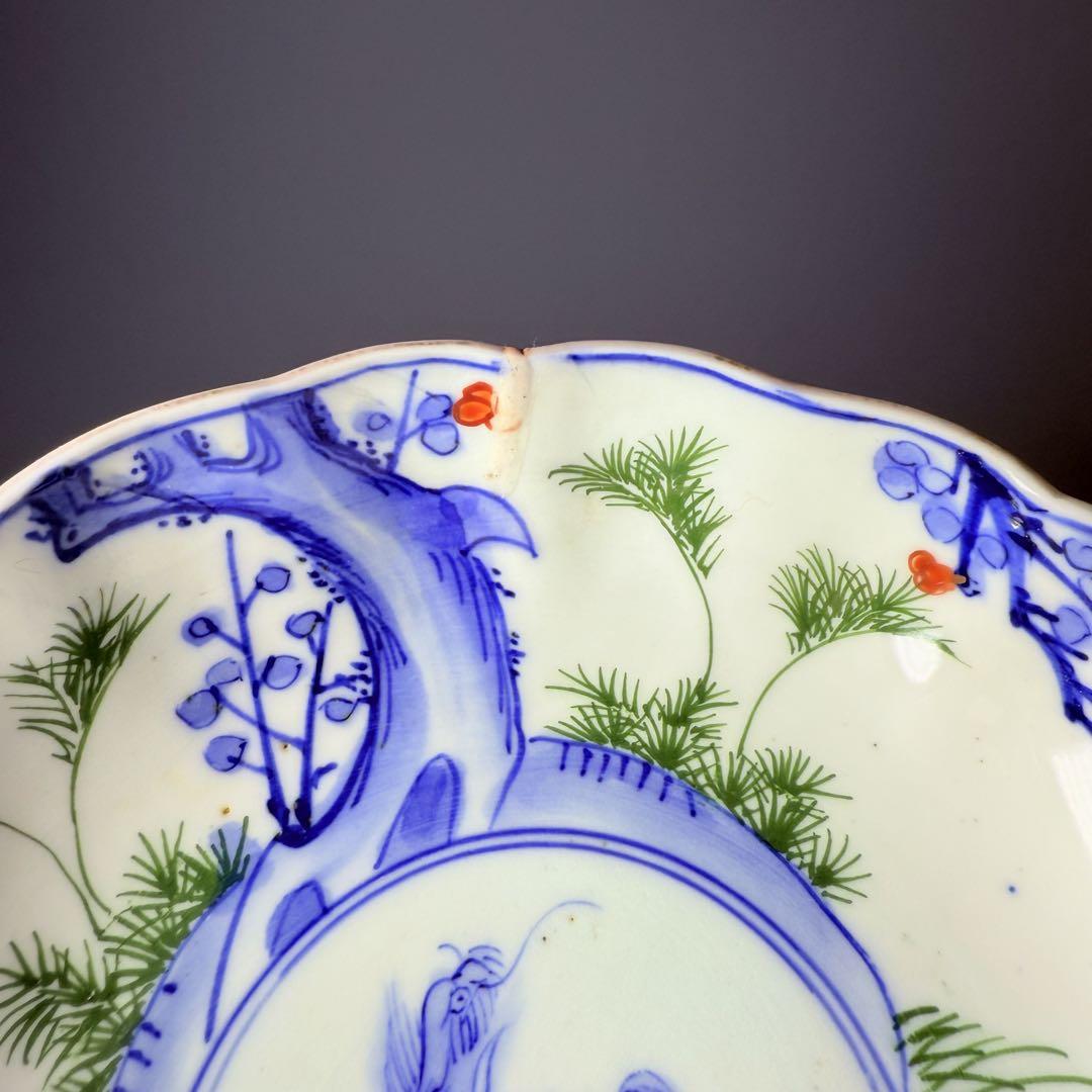 幕末～明治期　角冨　染錦麒麟図なます皿　五客　裏鳳凰文様　蛇の目高台