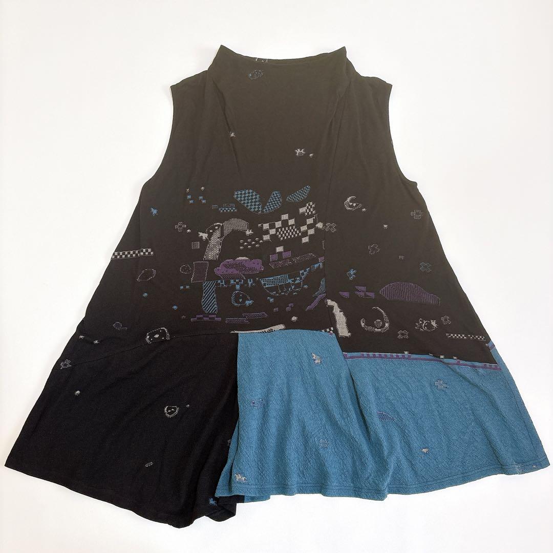 美品☆慈雨 ジウ ノースリーブ 刺繍切替 ワンピース ブラック40