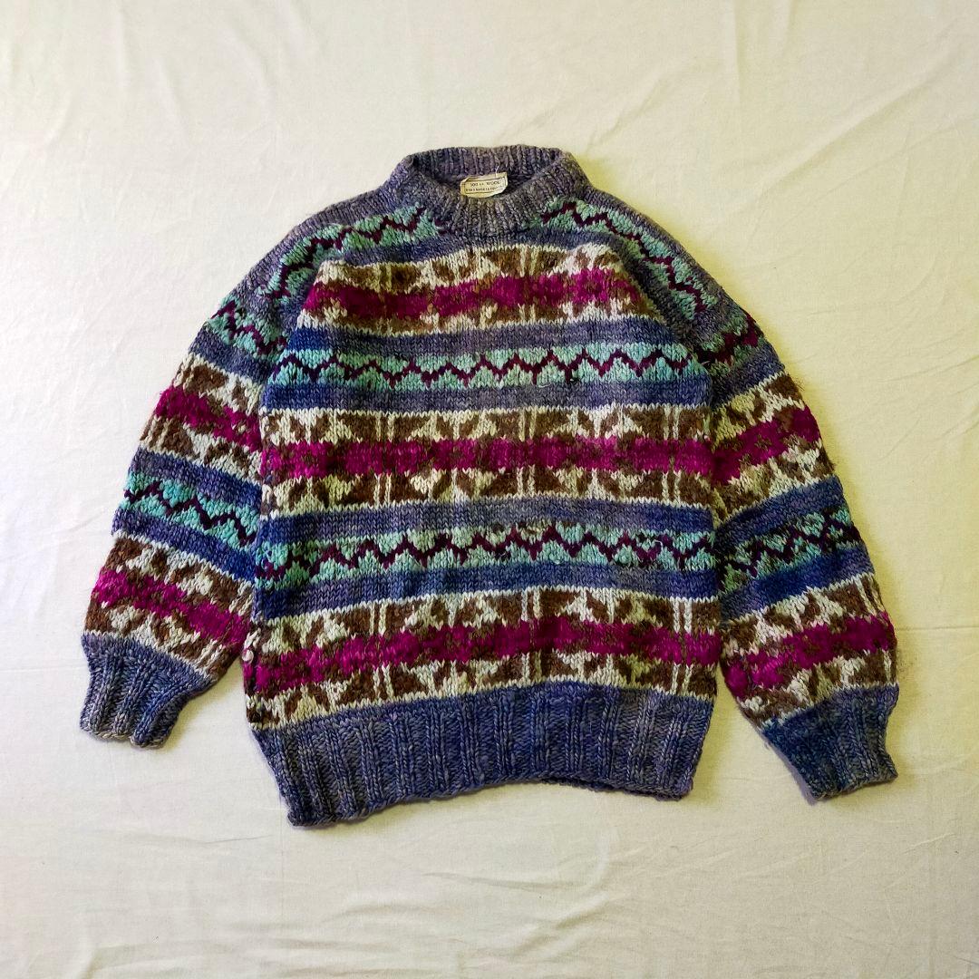 古着 ハンドニットセーター エクアドルニット ハンドメイド 総柄 ネイティブL