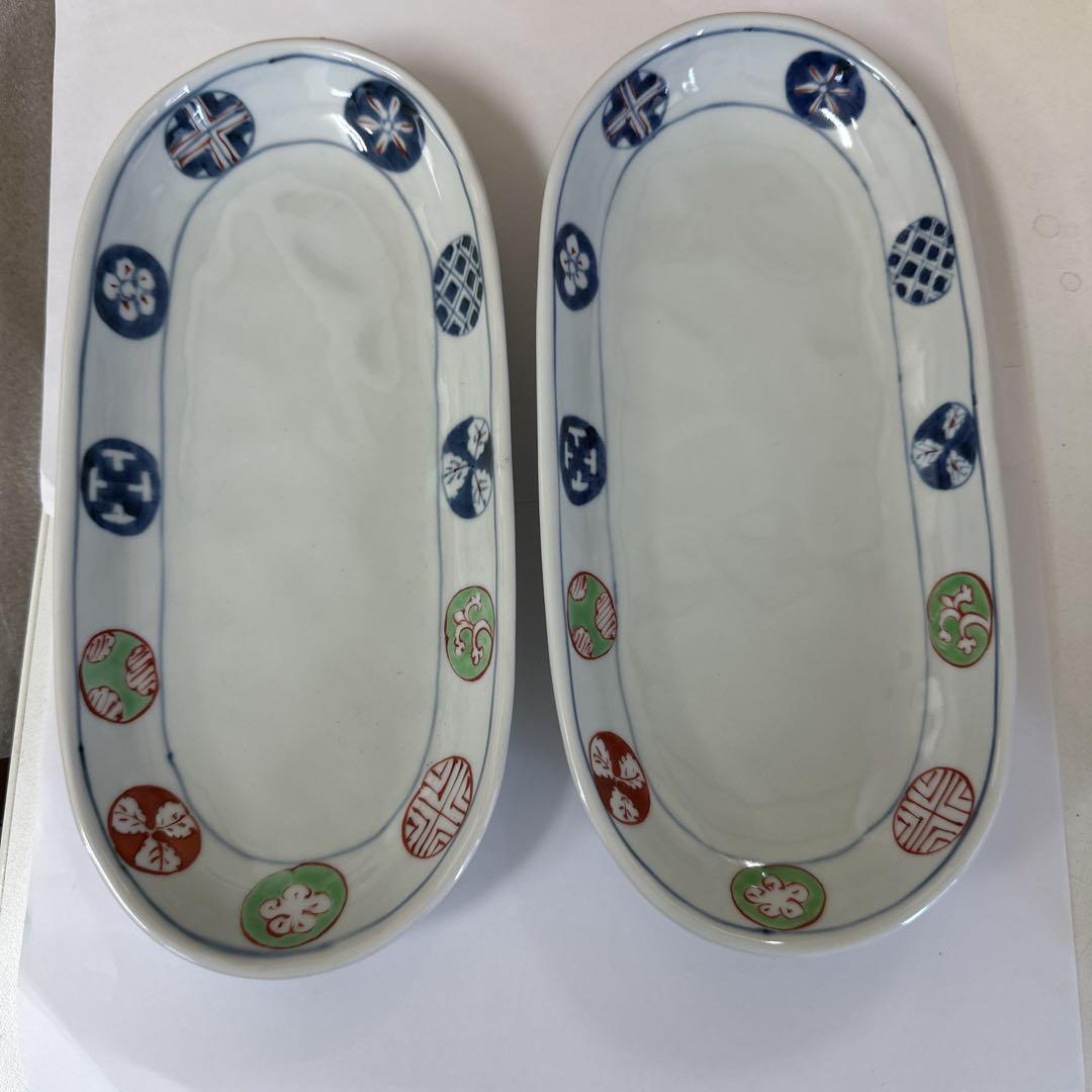 【新品未使用】有田焼 染錦丸紋 小判皿（大） 2枚組（福珠窯）