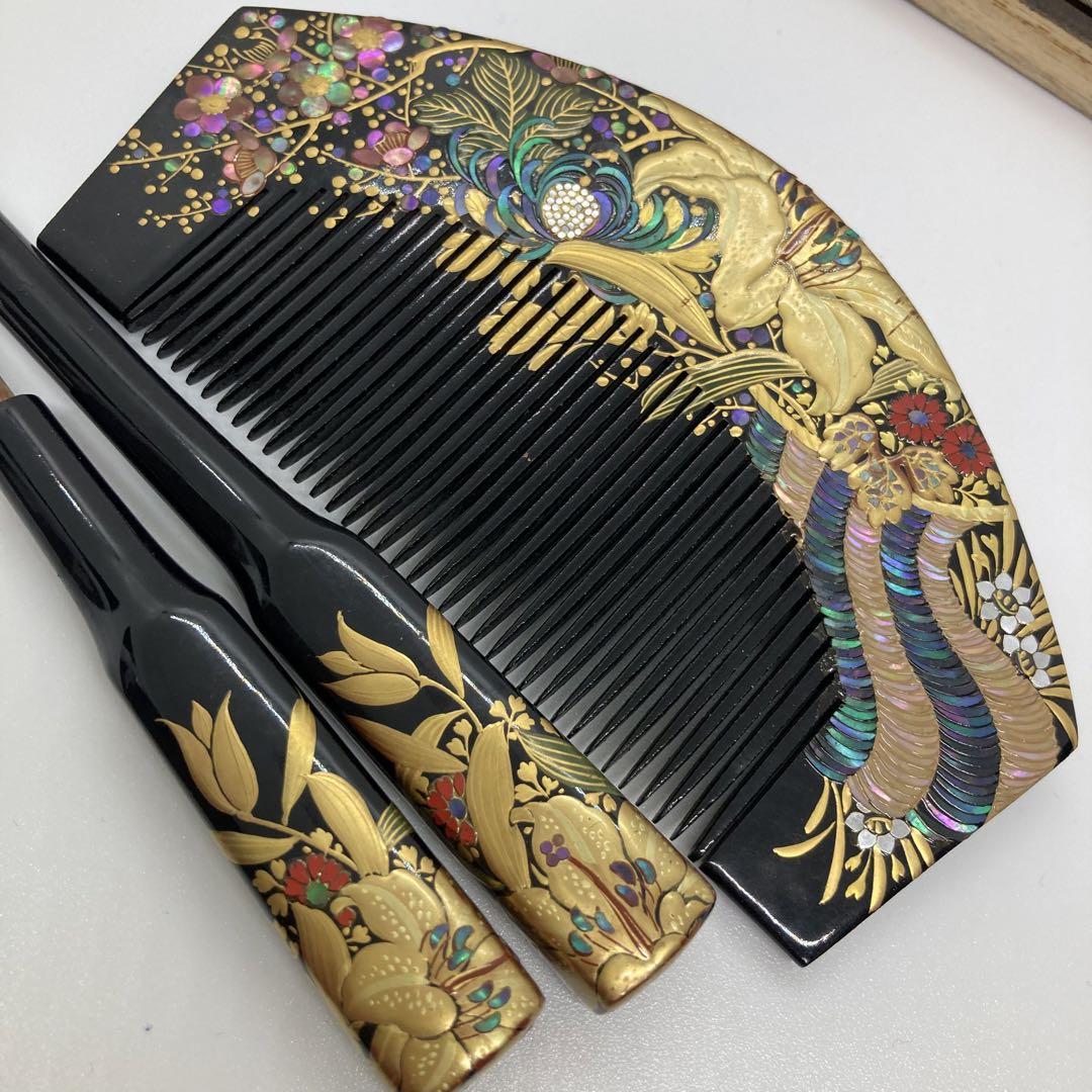 本漆螺鈿金蒔絵　百合　梅　菊紋様　かんざし　櫛笄