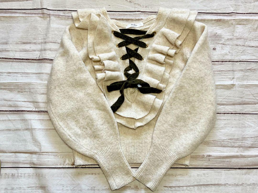her lip to♡lace up wool-blend pullover トップス