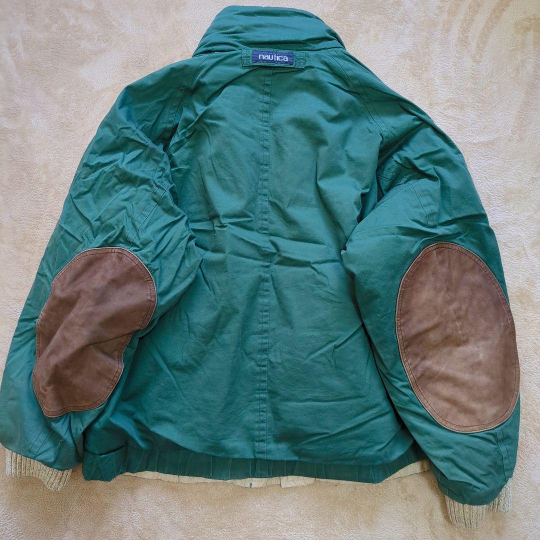 90s ノーティカ レザー切り替えジャケット ブルゾン ダックダウン×フェザー緑 画像7