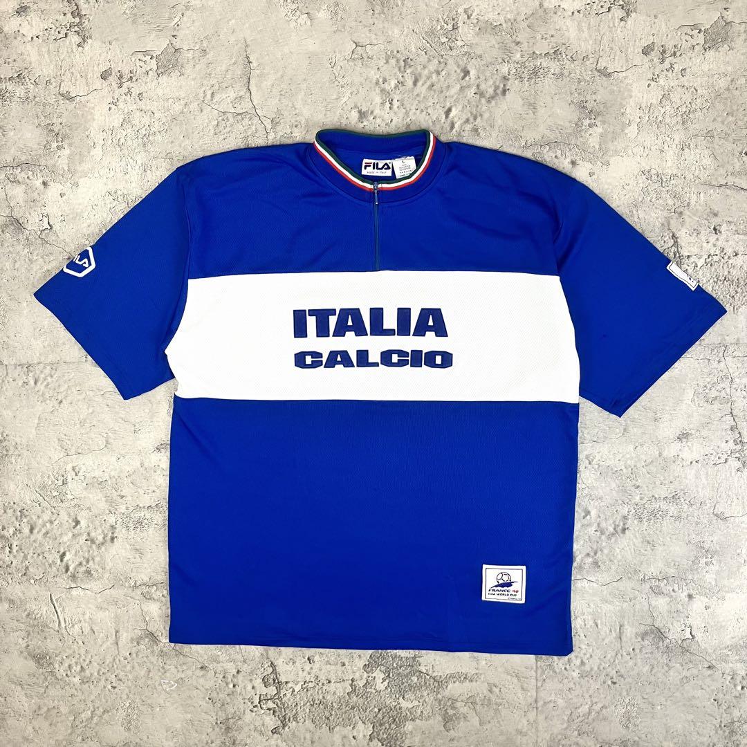 90s FILA サッカーイタリア代表 半袖 ジップシャツ 古着 ロゴ 青 L