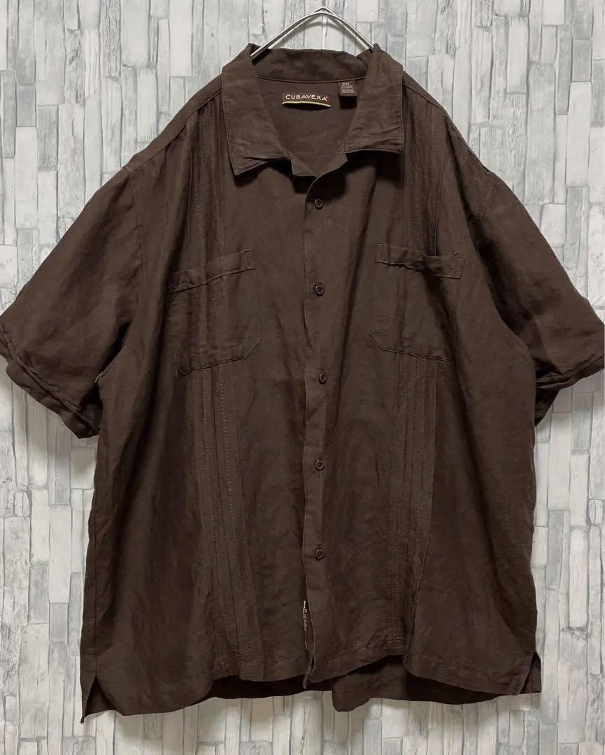 キューバベラ キューバシャツ 開襟シャツ オープンカラー ブラウン 半袖 XXL