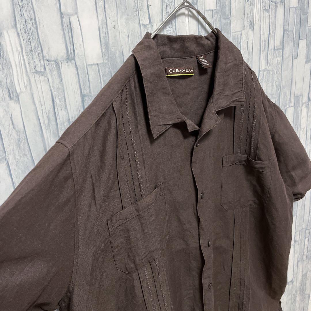 キューバベラ キューバシャツ 開襟シャツ オープンカラー ブラウン 半袖 XXL