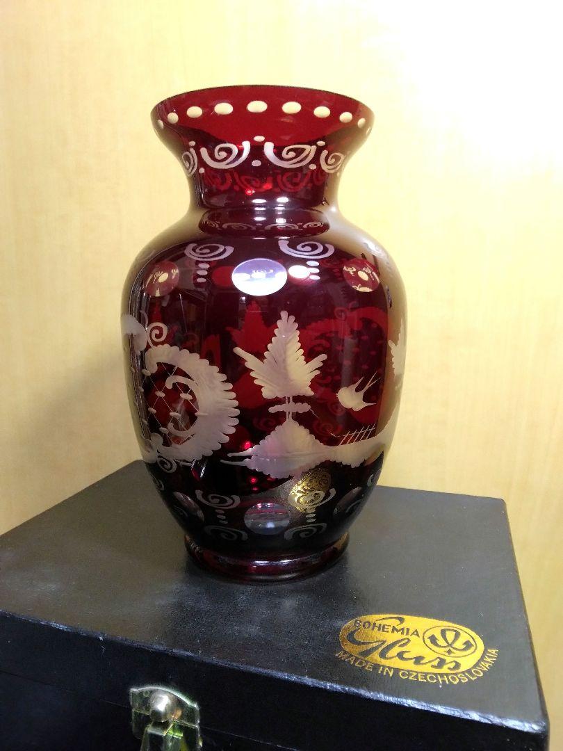 ボヘミア　フラワーベース エーゲルマン レッド 花瓶 箱付 チェコ製　花器　希少