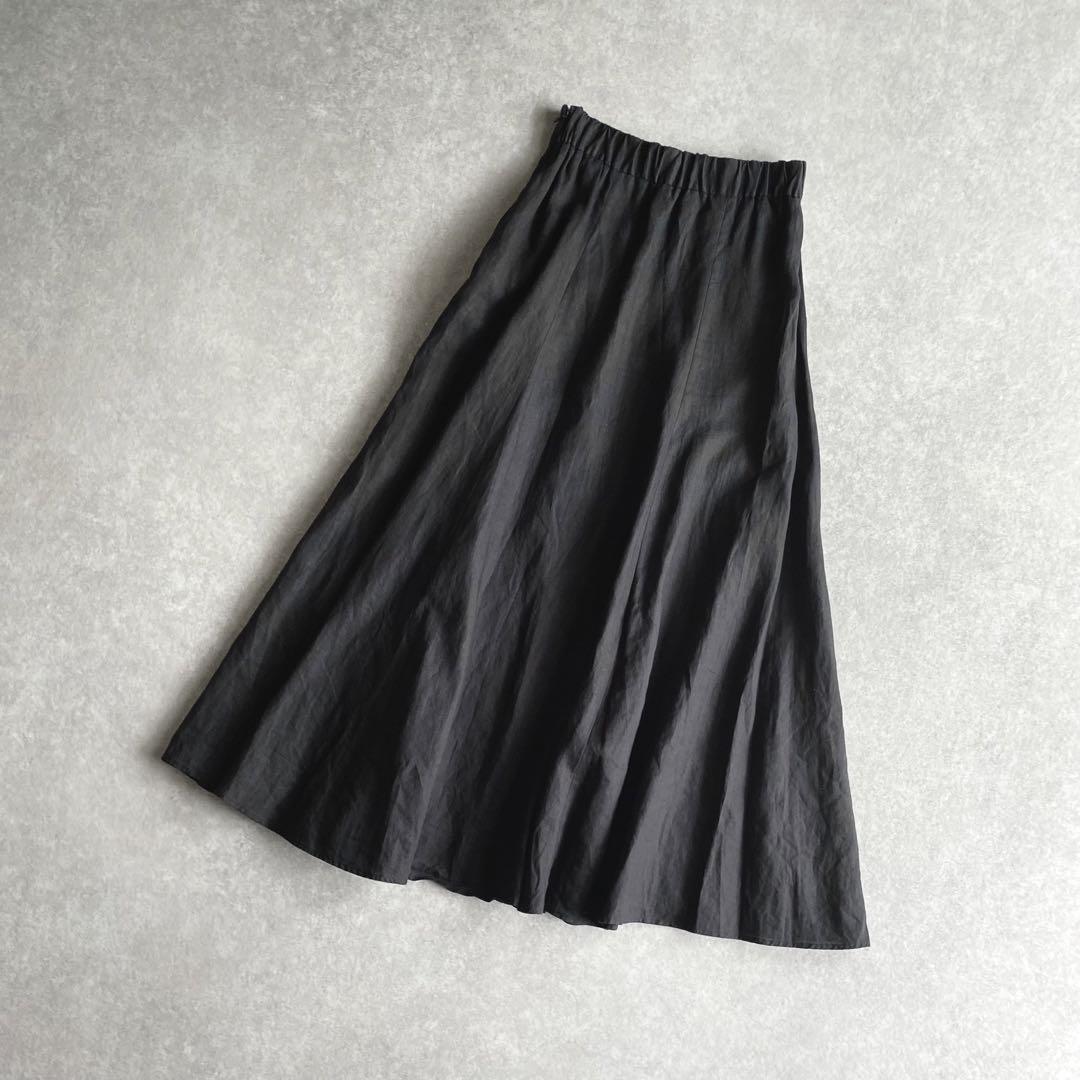 【特別セール品】 UNITED ARROWS リネン100% Aライン マキシスカート ブラック スカート