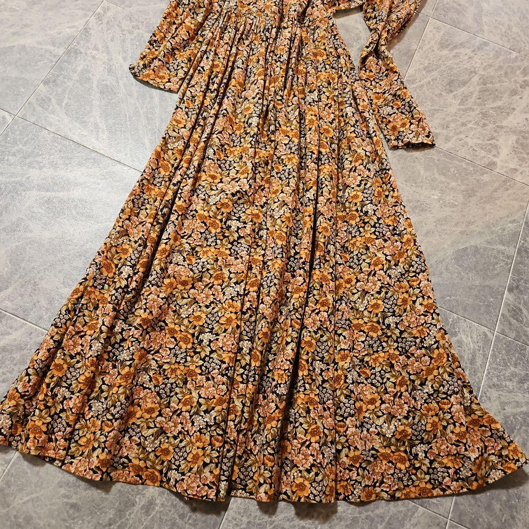 laura ashley チューリップショルダーオレンジ花柄長袖ロングワンピース