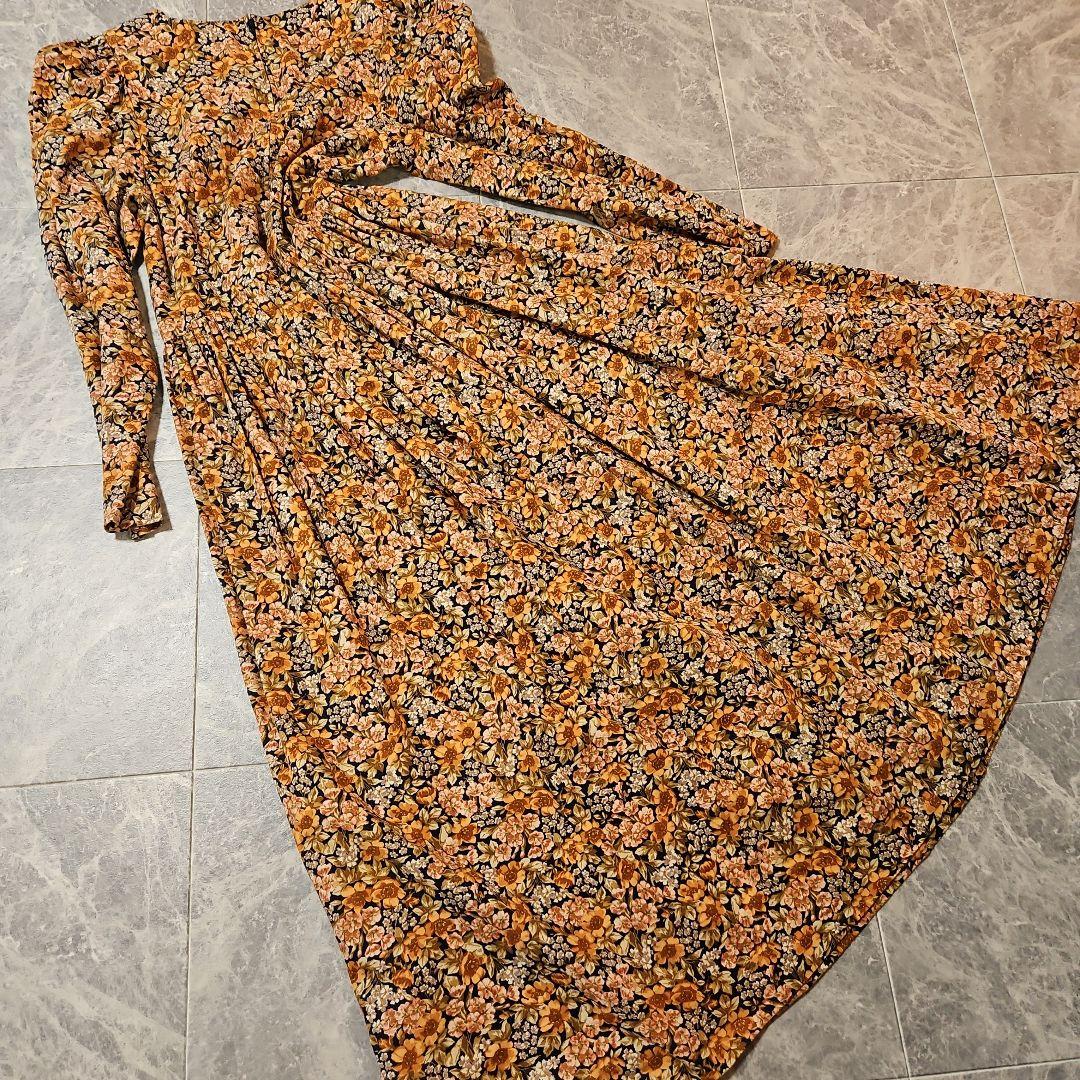 laura ashley チューリップショルダーオレンジ花柄長袖ロングワンピース