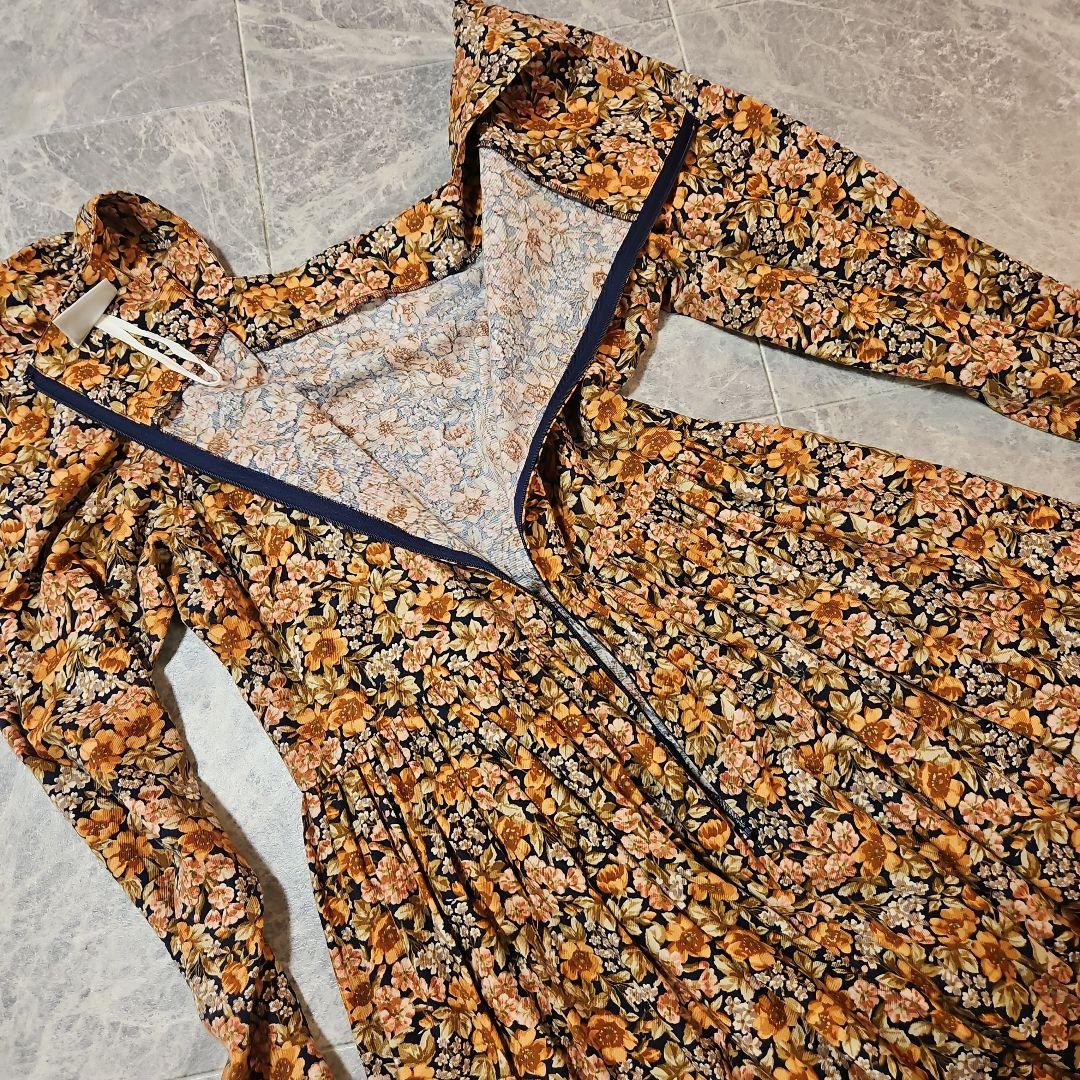 laura ashley チューリップショルダーオレンジ花柄長袖ロングワンピース