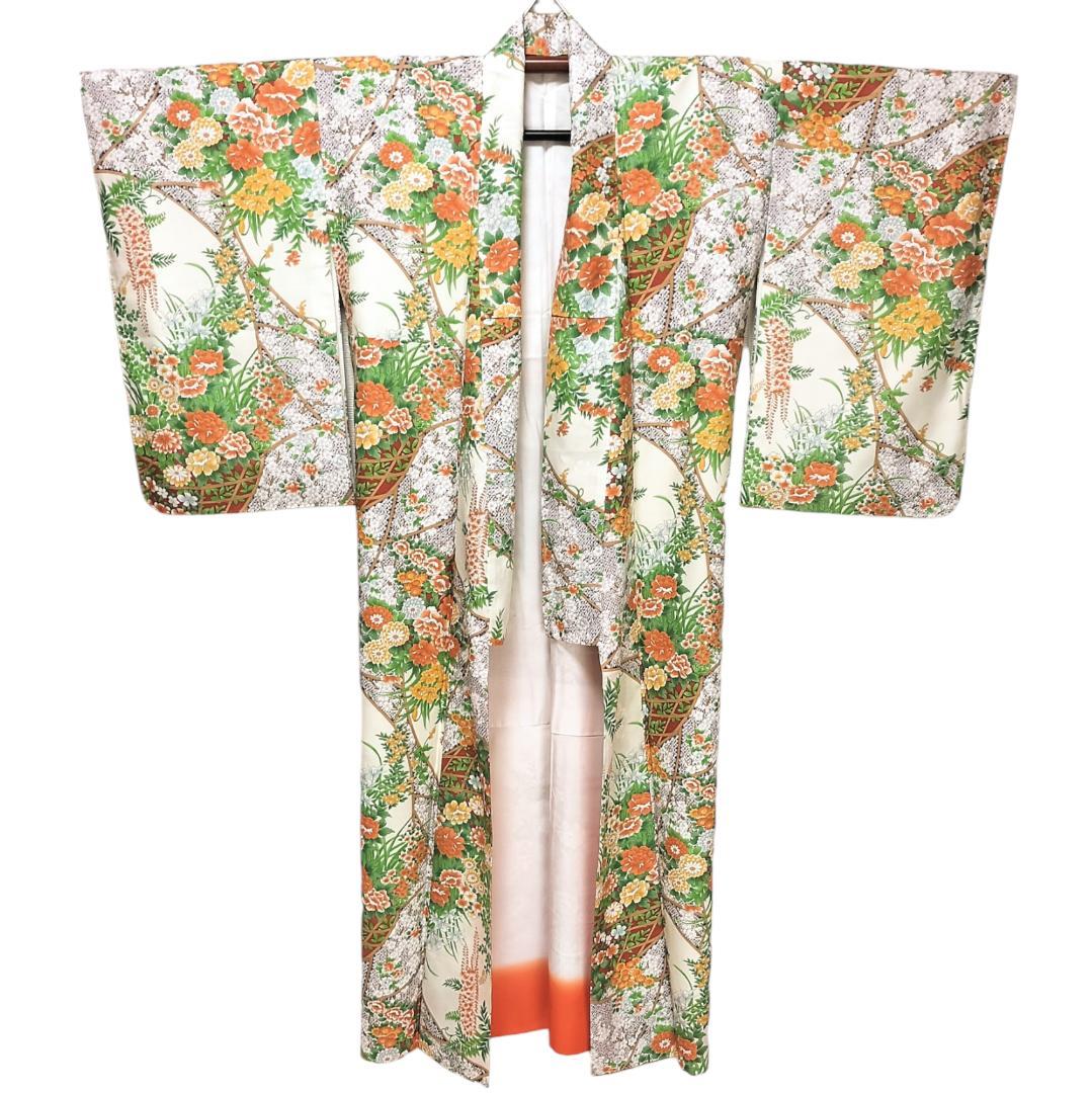 合繊着物】草花模様 新品未使用品 華やか 袷 オレンジ 緑 白