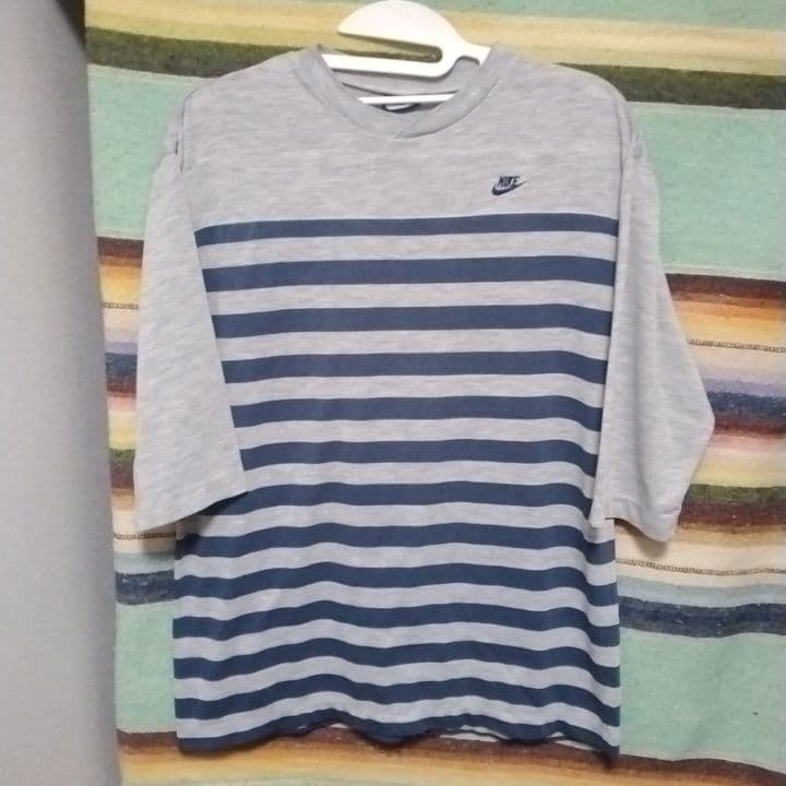 80s ナイキ 7分袖Tシャツ ボーダー 紺タグ ゴツナイキ 風車 ヴィンテージL NIKE