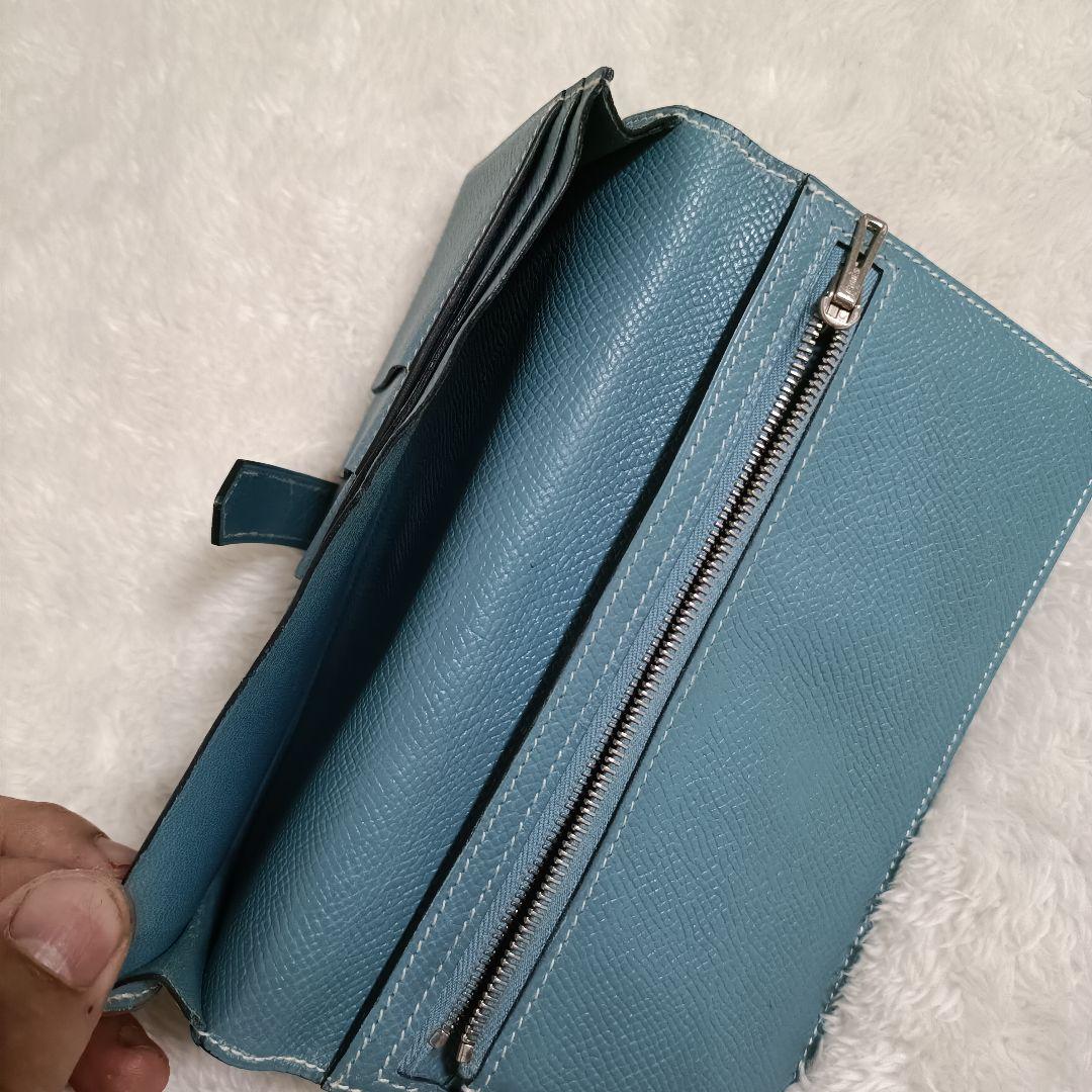 (美品)HERMES エルメス ベアンスフレ 長財布 二つ折りブルージーン 水色