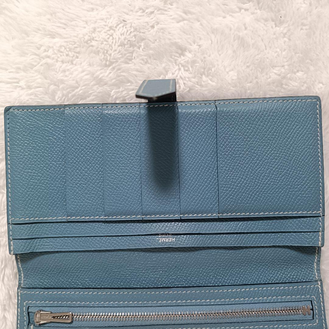 (美品)HERMES エルメス ベアンスフレ 長財布 二つ折りブルージーン 水色