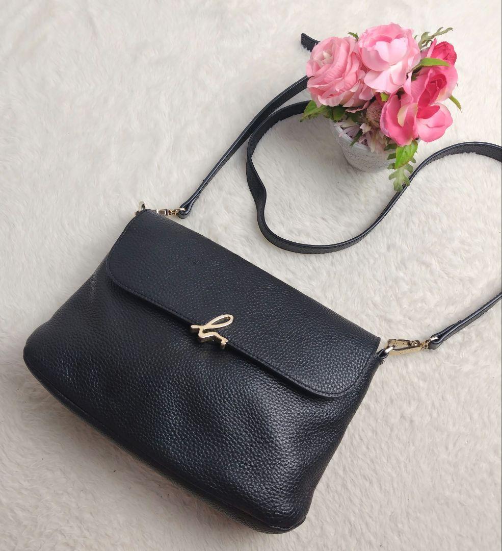 正規 ✨美品✨Agnes 黒 ショルダーバック シボ革 ゴールドロゴ b バッグ