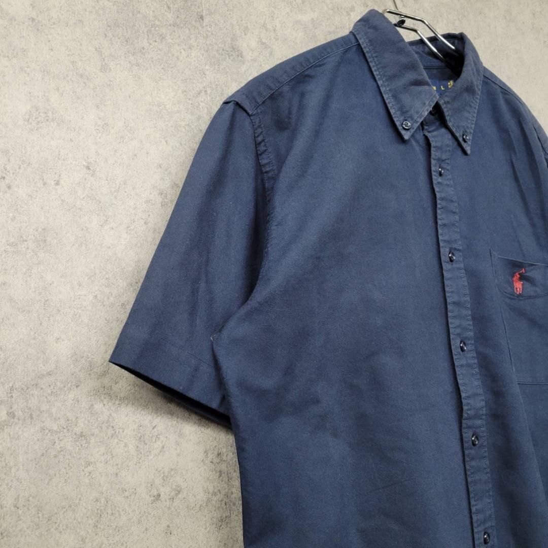 90s ポロ ラルフローレン 刺繍 ポニーロゴ シャツ ネイビー L 古着