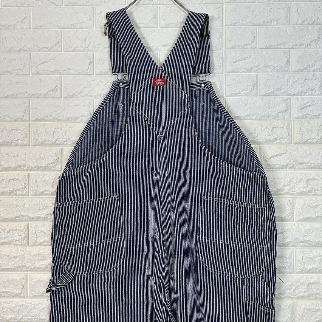 V638【Dickies】刺繍ロゴ オーバーオール【メンズ50×32】ヒッコリー