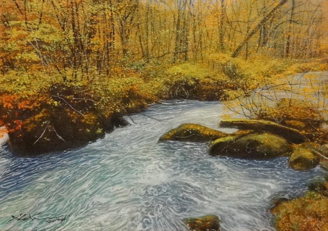 上鈴木正一 油彩画 A3サイズ『 紅葉奥入瀬 』新作原画 オススメの作品です!!
