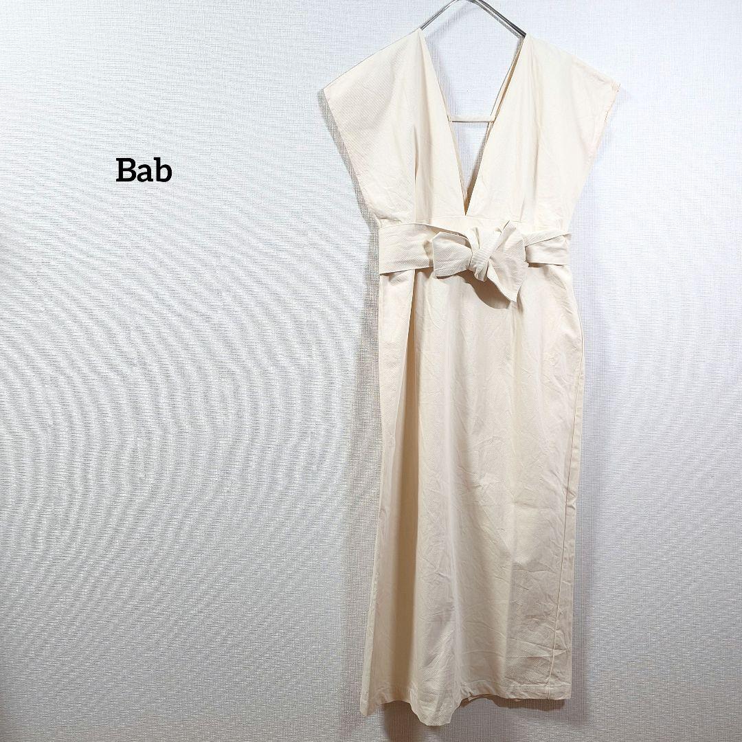 Bab　アイボリー Vネック ロングワンピース ジャンパースカート　サロペット