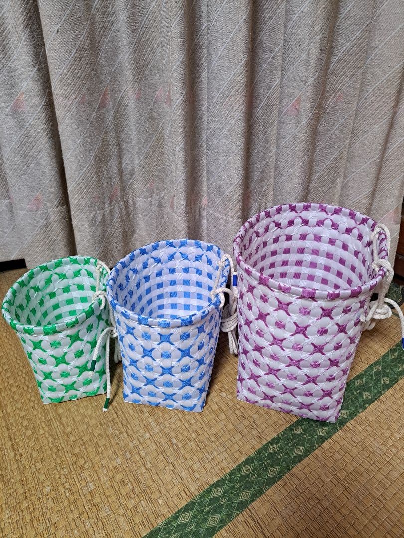 ●PPバンドかご(模様編みはけご　大小ミニ3個セット)、収穫かご　模様d