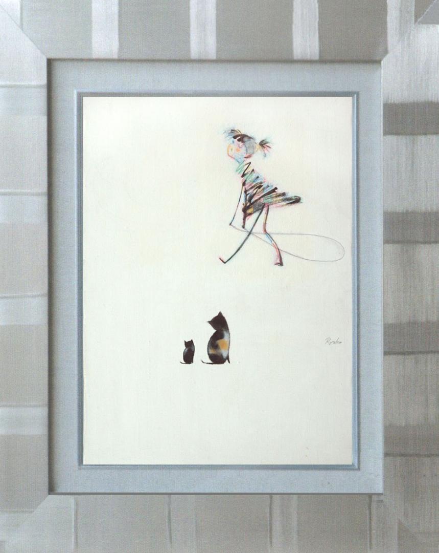 絵画　額付 ( 黒 ) 油絵　F4-030319　猫の親子と女の子