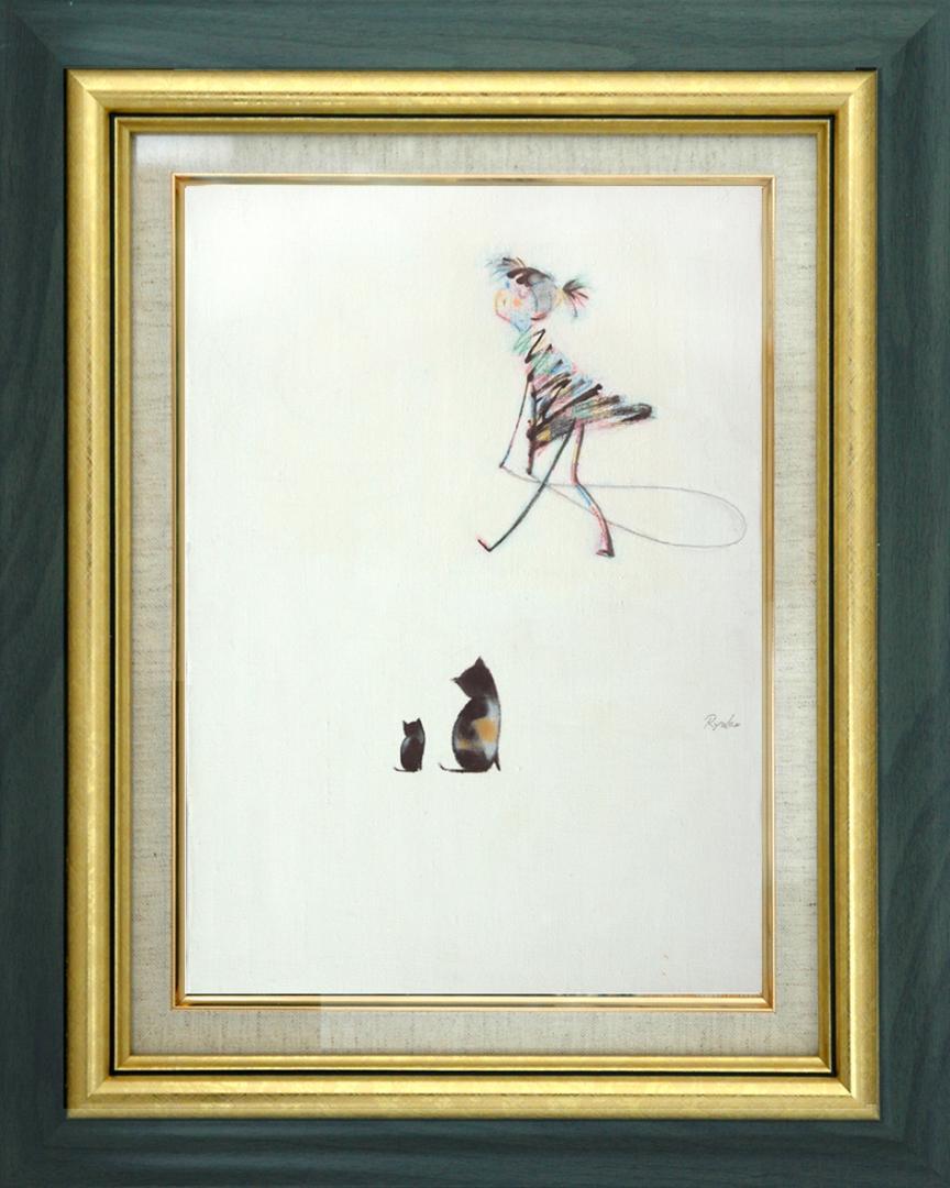 絵画　額付 ( 黒 ) 油絵　F4-030319　猫の親子と女の子