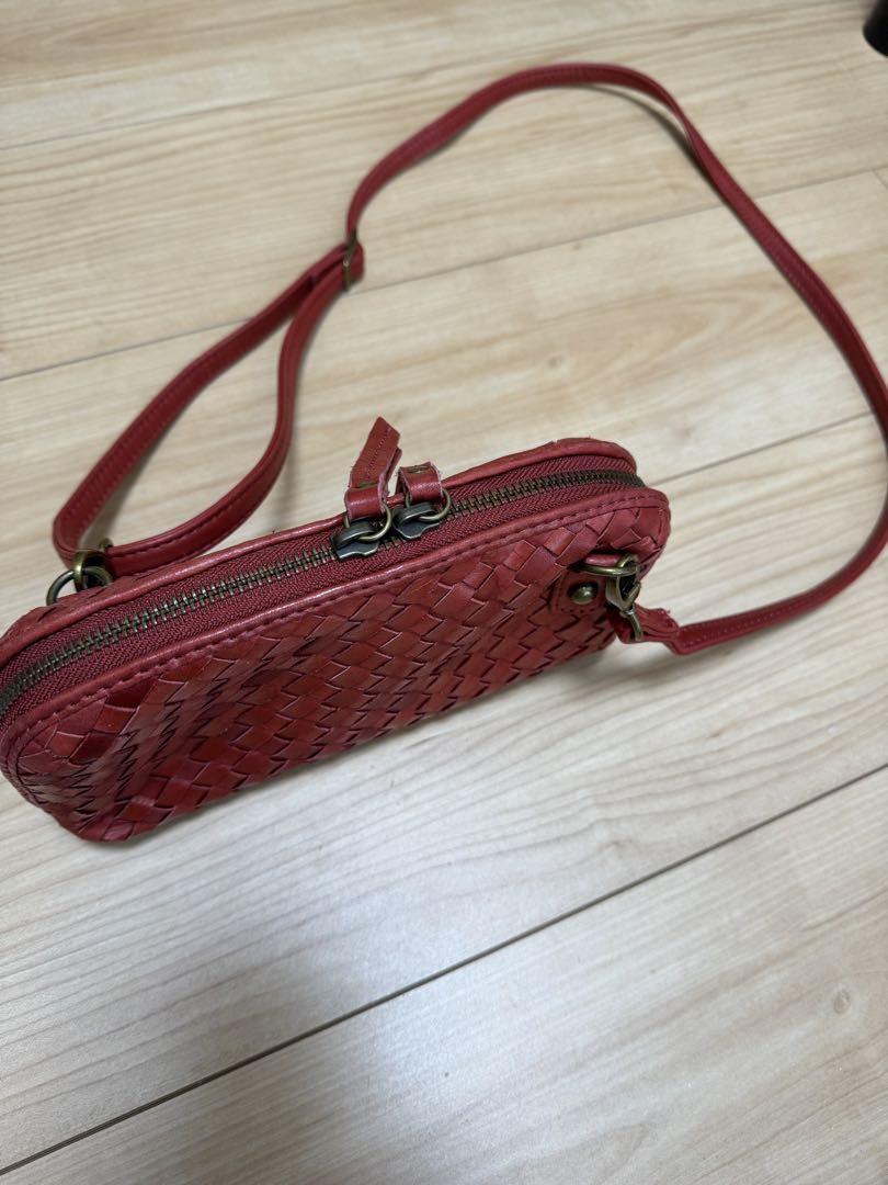本革 レザー 牛革 ウォレットショルダーバッグ レッド レディース