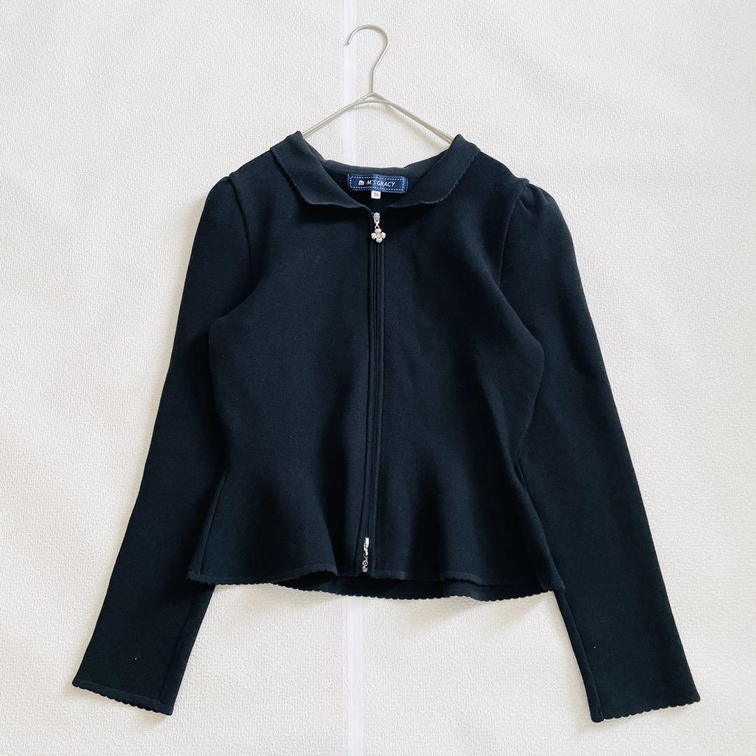 MʼS GRACY ビジューフラワーZIP ノーカラーニットジャケット 38 M