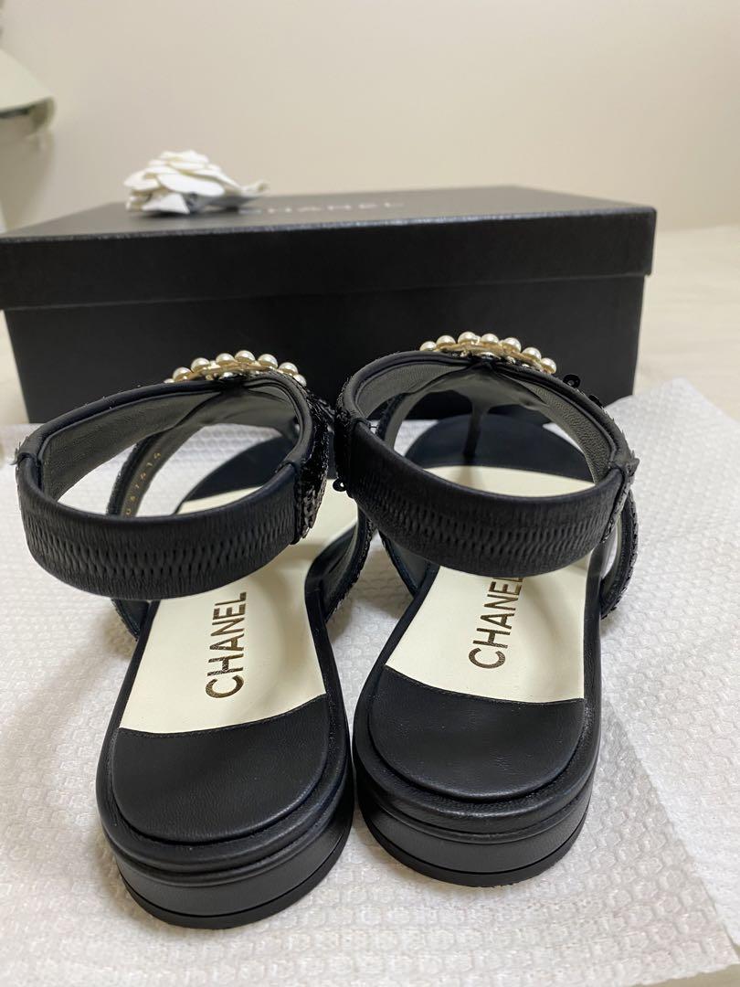 大人気！まとめ一覧 シャネル 黒 パール ココマーク 38.5 サンダル トング CHANEL 靴