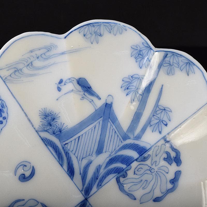 瀬戸焼 松籟園製 染付 花鳥文 扇面皿 V R9526 瀬戸焼 松籟園製 染付 花鳥文 扇面皿 V R9526