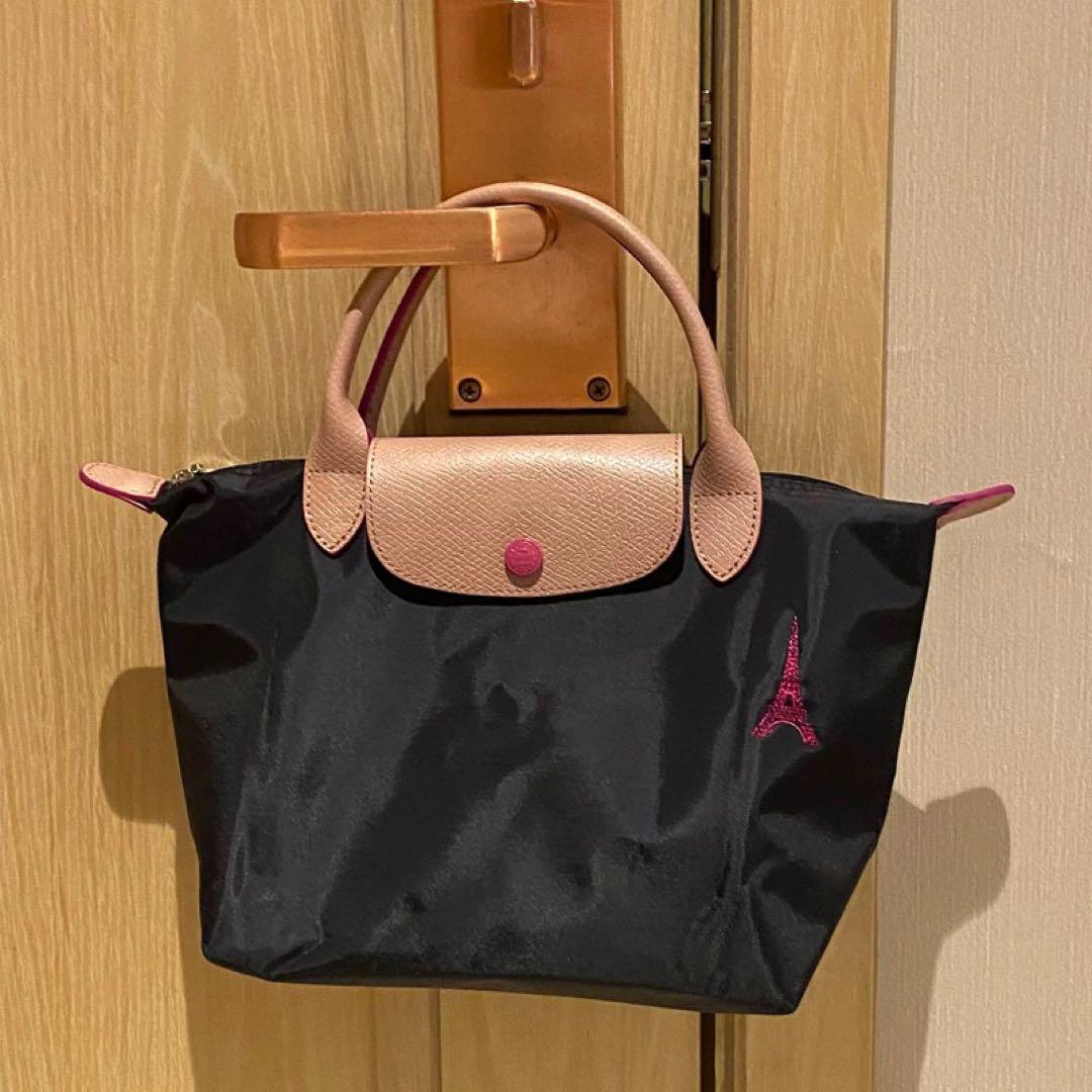 ロンシャン　 ハンドバッグ　 エッフェル塔刺繍　トートバッグ　黒 ロンシャン ハンドバッグ エッフェル塔刺繍トートバッグ黒