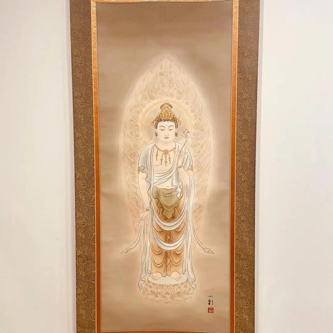 掛軸-1465　寛斎　岩上観音　共箱　仏画 掛軸-1465 寛斎 岩上観音 共箱 仏画