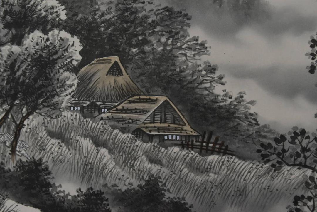 【真作】清甫/四神相応図/山水図/開運水墨山水図/掛軸/名家伝来/AA-290