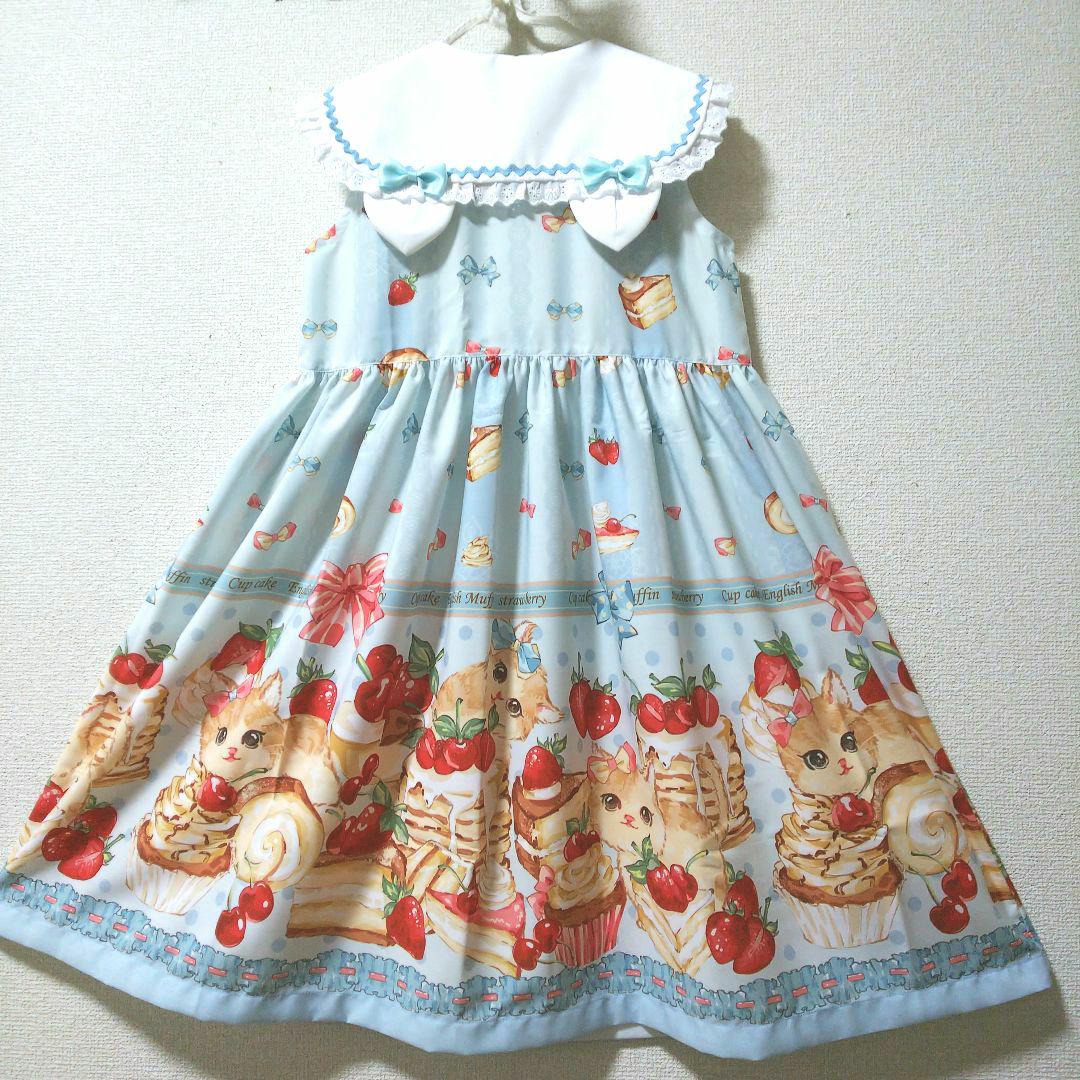 ハンドメイド【size130 ねこ耳付 セーラーカラーワンピース】