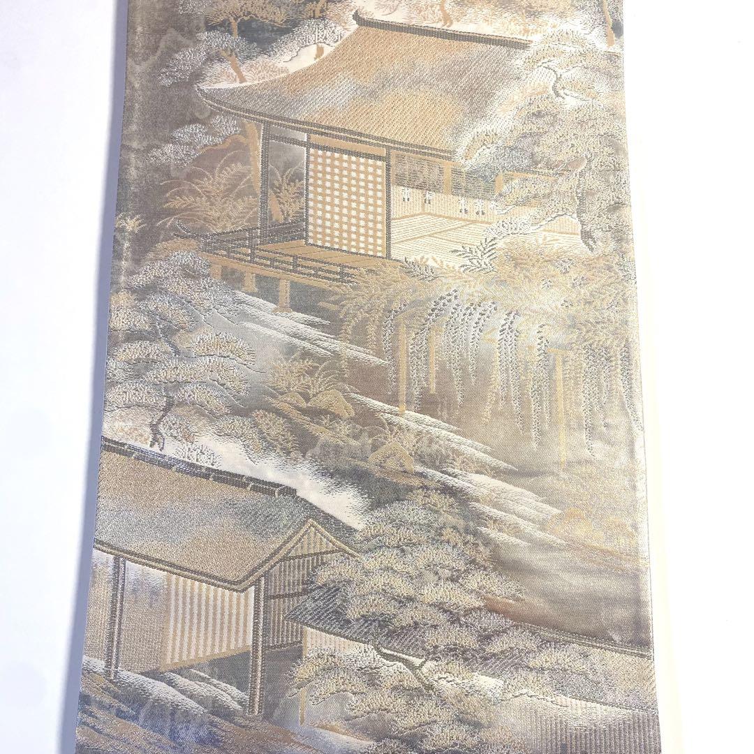 5k1909 袋帯　絹　京洛錦　二重引箔袋帯　銀色　金色　白　柄物　和装　着物