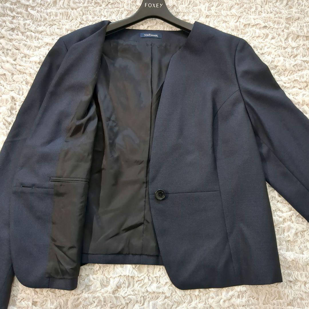 美品ニューヨーカーノーカラージャケット19号シルク混希少サイズ紺
