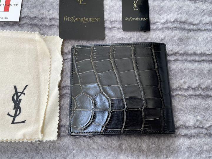 【美品】サンローラン　クロコダイル　型押し　三つ折財布　黒　ブラック　レザー クーポン】SAINT LAURENT サンローラン クロコ 型押し 三つ折り