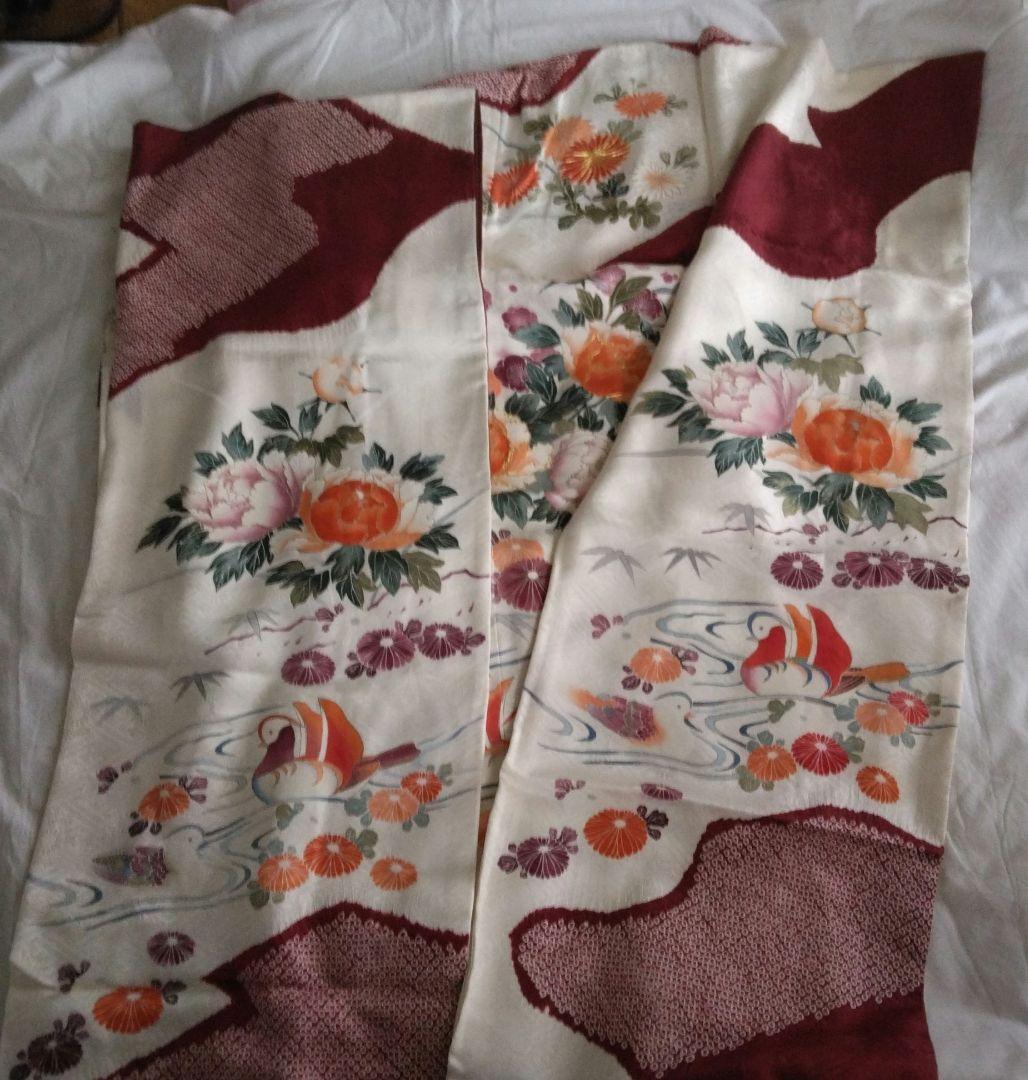 振袖 花柄 鳥デザイン クリーム色