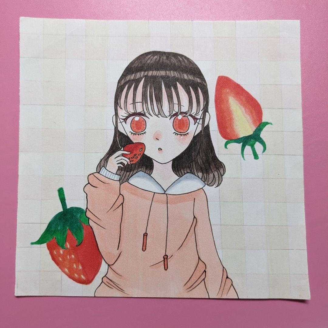 小学生 手描きイラスト「いちごを持つ女の子」 - メルカリ