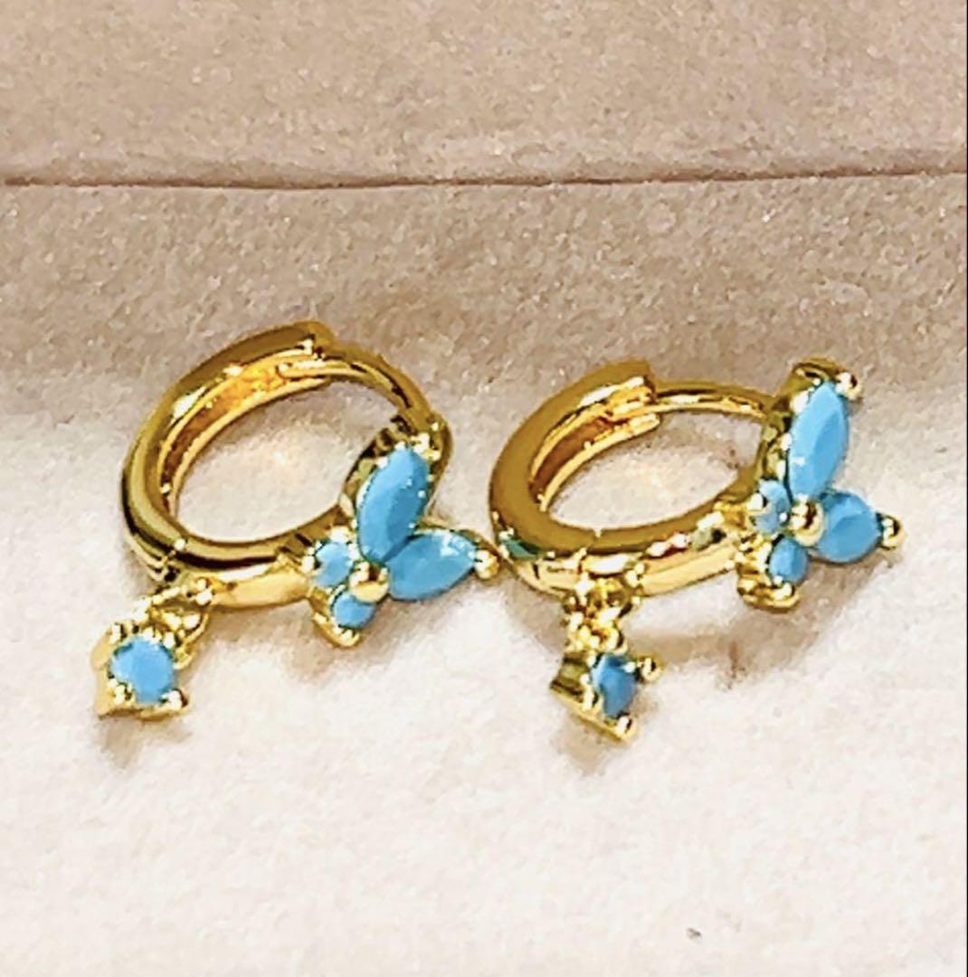 匿名発送　18k ターコイズ＆ダイヤモンド　フープピアス　最高品質s925 新品 匿名発送 18k ターコイズ バタフライフープピアス 最高品質s925