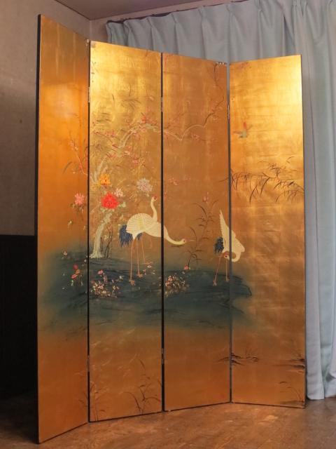 中国美術 黒漆 金箔 金彩花鳥図 4枚折り 衝立 パーテーション 屏風 間仕切り