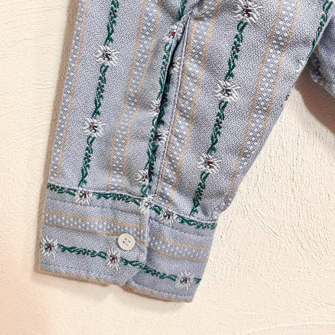 ❤️美品 ボタニカル フラワー ストライプ ライトブルー バンドカラー長袖シャツ